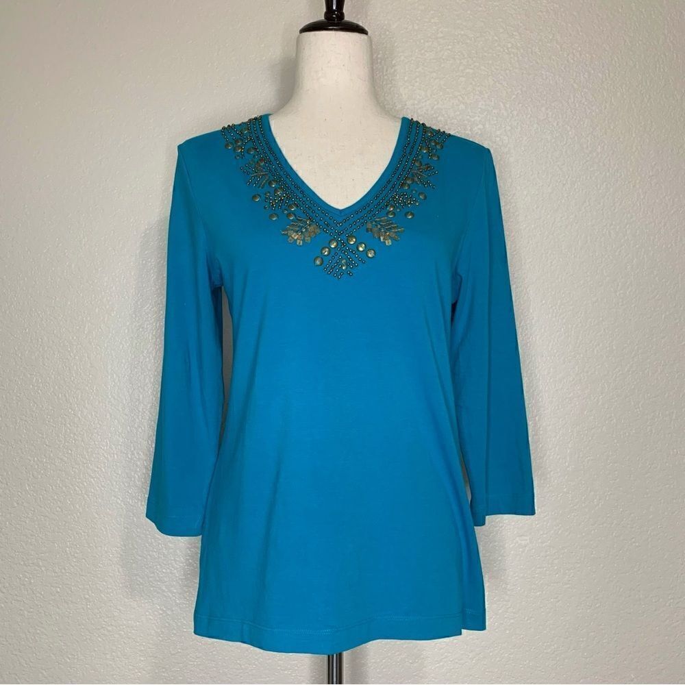Chico’s Beaded Embellished Blue V-neck 3/4 Sleeves Top